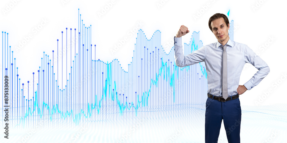 Poster A confident businessman with data visualization graphics in the background on a white, isolated background, representing success and analysis