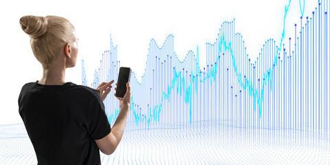 A person analyzing financial graphs on a smartphone, graphic illustration, white background, concept of market analysis