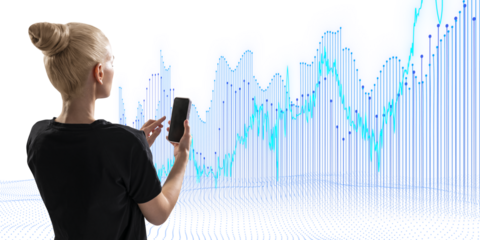 A person analyzing financial graphs on a smartphone, graphic illustration, white background, concept of market analysis