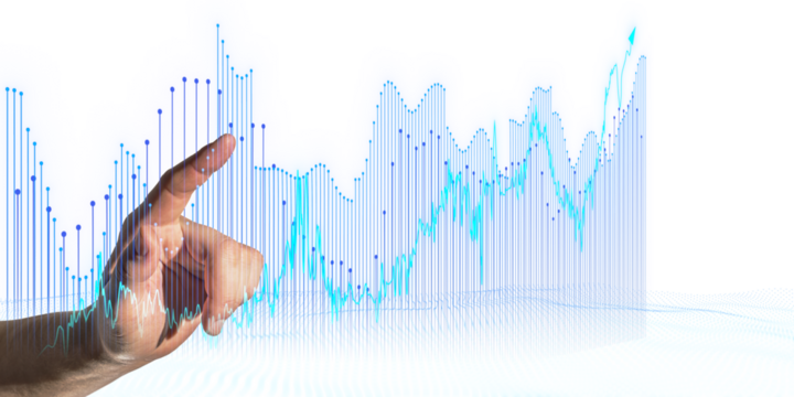 A hand interacting with digital graphs on a clean white background, illustrating data analysis or financial concept