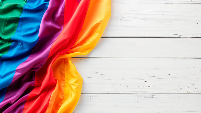 Rainbow flag draped on a white wooden background with copy space. Perfect for LGBTQ+ events, pride celebrations, and equality campaigns. Suitable for use by advocacy groups, event organizers
