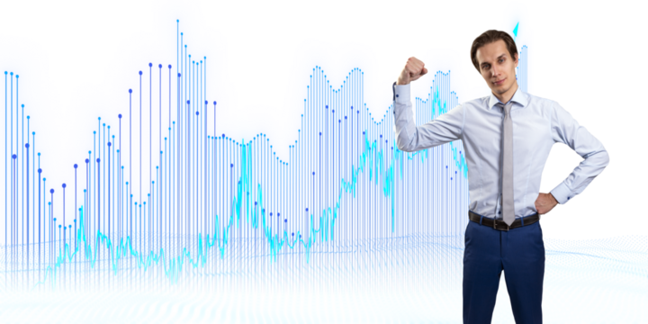 A confident businessman with data visualization graphics in the background on a white, isolated background, representing success and analysis