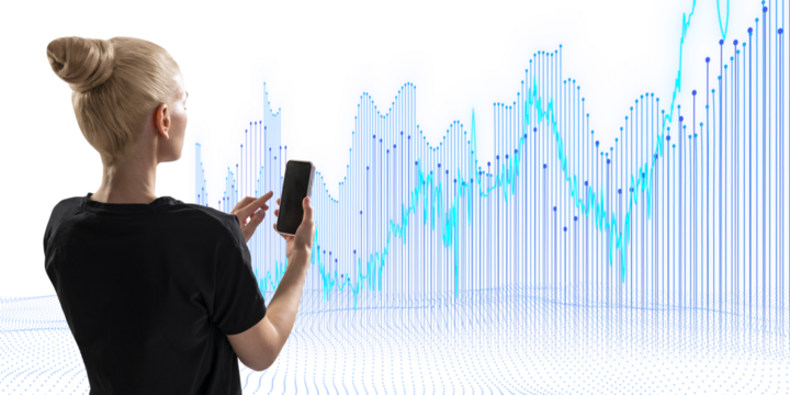 A person analyzing financial graphs on a smartphone, graphic illustration, white background, concept of market analysis