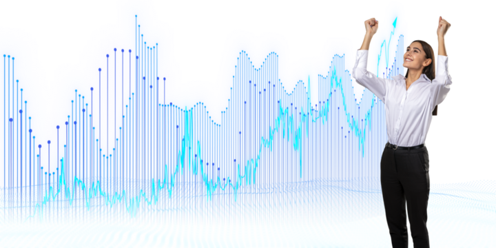 A businesswoman celebrating success against a backdrop of digital financial growth charts on a white background, capturing the concept of achievement