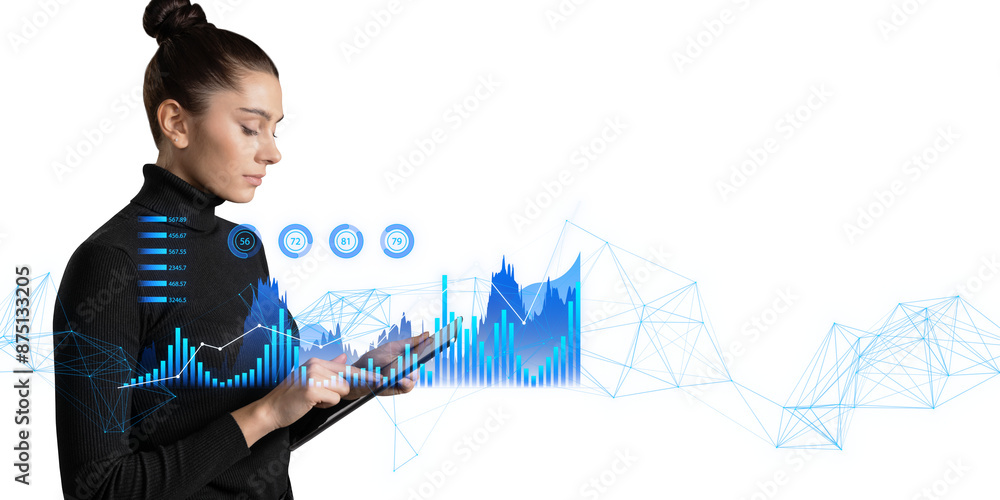 Poster a woman analyzing interactive digital graphs and holograms, displayed against a white background, co