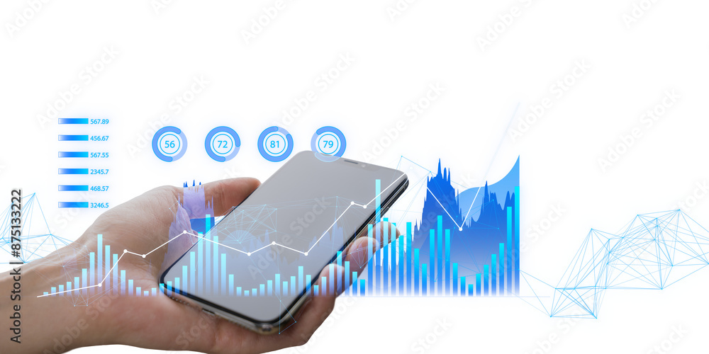 Poster hand holding a smartphone with digital graphs and data analytics overlay, on a white to blue gradien