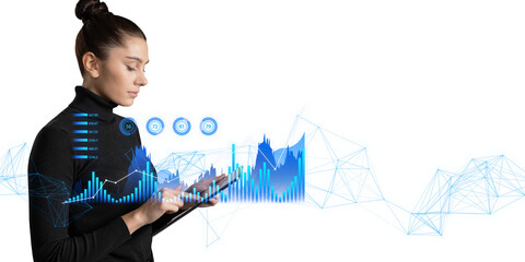 A woman analyzing interactive digital graphs and holograms, displayed against a white background, concept of data analysis