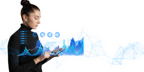 A woman analyzing interactive digital graphs and holograms, displayed against a white background, concept of data analysis