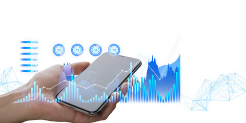 Hand holding a smartphone with digital graphs and data analytics overlay, on a white to blue gradient background, concept of business analysis