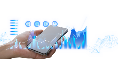 Hand holding a smartphone with digital graphs and data analytics overlay, on a white to blue gradient background, concept of business analysis