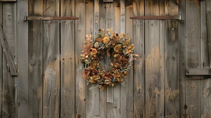 Rustic autumn wreath hanging on an old wooden door, providing a warm and inviting seasonal decoration.