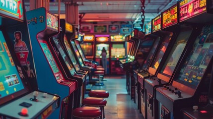 Retro arcades with colorful gaming machines  AI generated illustration