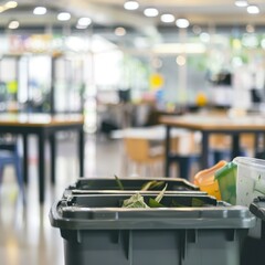 Blurred background of a modern office cafeteria using biodegradable materials and waste composting facilities, promoting zero-waste policies with copy space.