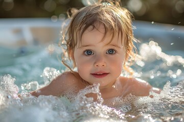 Little girl enjoying a swim in a bubbling hot tub.