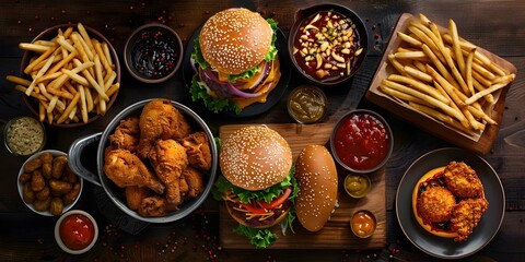 Satisfying fast food spread with burgers chicken pizza fries and sauces. Concept Fast Food, Hamburgers, Chicken, Pizza, French Fries, Sauces