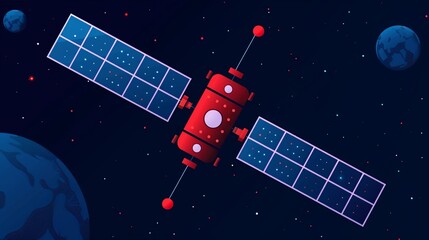 Futuristic satellite communication illustration with orbiting satellites, data beams, and global coverage, emphasizing the reach and reliability of modern telecommunication. Illustration, Image, ,