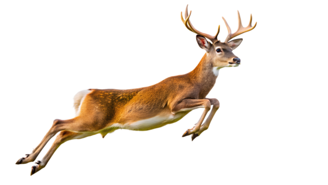 Photograph a deer leaping on mid-air isolated on a translucent background