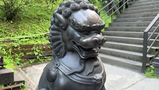 Majestic Chinese Stone Guardian Lion, Ancient Fu Dog Sculpture in Shifen, Taiwan