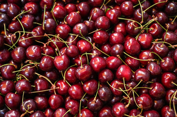 Fresh cherries for sale at the market. Ripe red cherries.