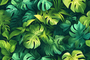 A seamless pattern with lush green tropical leaves in various shades, creating a dense and vibrant foliage background.