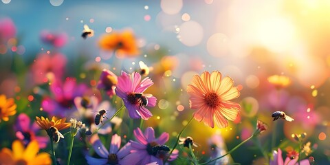 Obraz premium World Bee Day Celebration A Vibrant Image of Bees in a Flower-filled Landscape. Concept Wildlife Photography, Nature Conservation, Pollinator Awareness, Floral Ecosystems