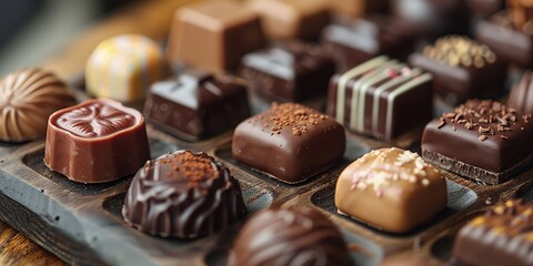 Close-up of assorted gourmet chocolates arranged beautifully on a platter to celebrate World Chocolate Day.Chocolate Day, Dessert, Holiday, Valentine's Day, Promotion