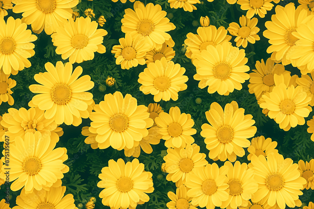 Sticker Seamless pattern of bright yellow daisies against a green background, creating a vibrant and cheerful floral design. Perfect for textiles and wallpapers.