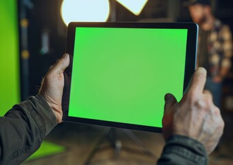 Hands Holding Tablet with Green Screen in a Busy Setting