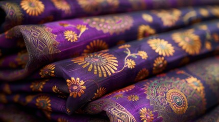 A luxurious spread of Indian silk in deep violet, patterned with golden lotus flowers. 