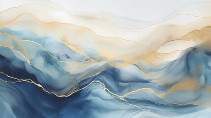 Obraz premium Abstract purple and ochre marble watercolor background with golden lines, dots and stains. Pastel dark blue and yellow alcohol ink drawing effect.