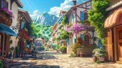 Obraz premium Strolling through a cute animated town AI generated illustration