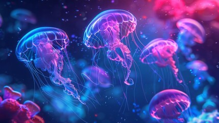 Submarine exploring an underwater world of neon jellyfish AI generated illustration