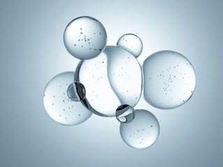 Macro glossy bubble water hydration skincare background, 3d rendering