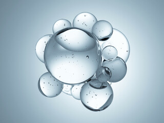 Macro glossy bubble water hydration skincare background, 3d rendering