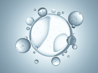 Macro glossy bubble water hydration skincare background, 3d rendering