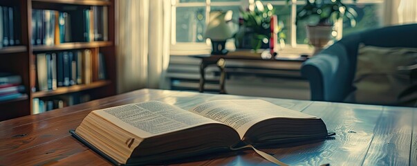 An open book on a wooden desk in a cozy home library with sunlight streaming through the window in the background.
