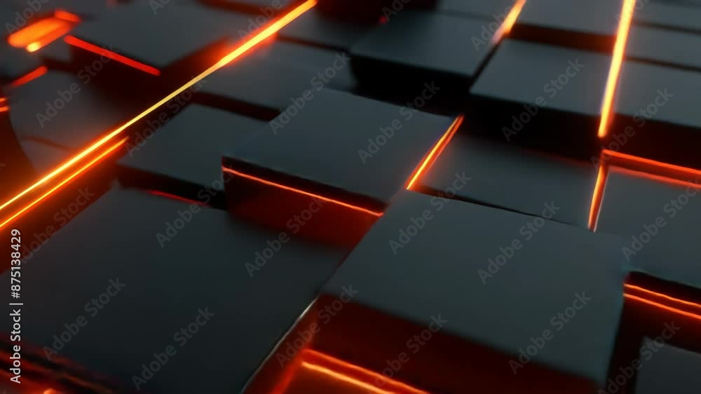 Poster 3d animation of dark blocks with red glowing lines