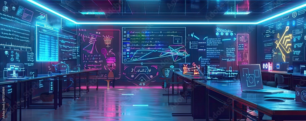 Poster futuristic lab with neon lights and holographic displays showcasing advanced technology and data ana