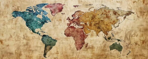 Vintage world map depicting continents in various colors on an old parchment background, perfect for travel and educational purposes.