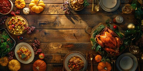 Thanksgiving dinner table with various dishes including roasted turkey, fruits, and vegetables, set in a cozy, rustic style.