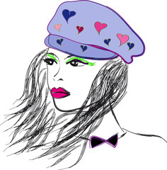 Model in blue visor beret hat, bow tie. Fancy extravagant hearts pattern hat