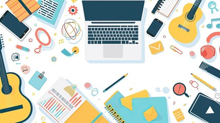 Creative workspace with laptop, guitar, notebook, and office supplies. Top view of items on a white table for work and creativity.