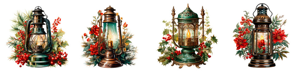 Collection of retro watercolor Christmas lantern decor isolated on the transparent background