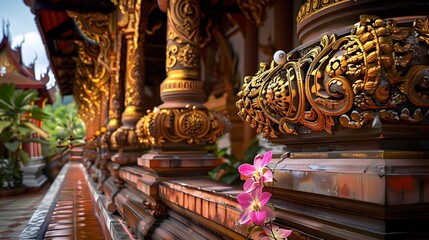 Fototapeta premium Ornate Golden Architectural Details of an Ancient Buddhist Temple in Chiang Mai Thailand