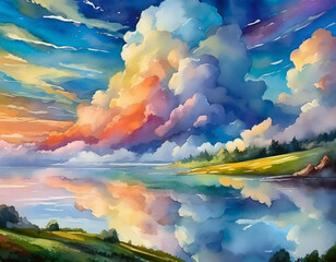 Beautiful clouds in the sky. Digital watercolor painting.