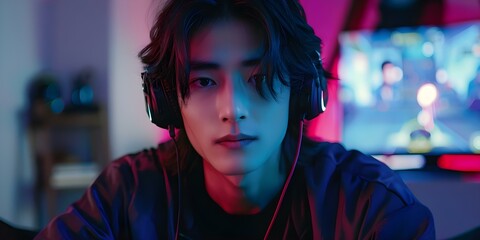Gamer from Asia livestreaming video games in a neon-lit room with headphones. Concept Streaming, Video Games, Asia, Neon Lights, Headphones