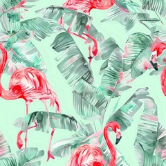 Obraz premium Tropical Watercolor Flamingo and Lush Botanical Design