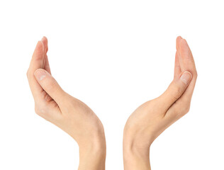 female hands holding or protecting something on an isolated white background
