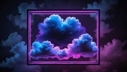 Blue and Purple Neon Light with Cloud Formation. Square shaped Fluorescent Frame in Dark Environment, illustration created with generative ai.