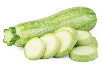 whole and sliced vegetable marrow slices on isolated white background